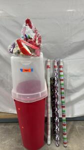 Tall Wrapping Papper Storage Tote w/ 3 New Rolls Of Papper & Some Bows