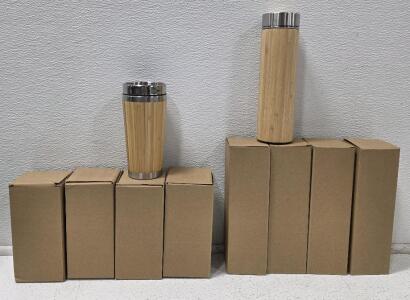 (4) Bamboo Insulated Water Bottle, 16.9 oz, with Tea Infuser (4) Insulated Travel Mug, Bamboo and Stainless Steel, Screw-On Lid