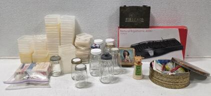 (1) Microsoft Natural Ergonomic 4000 Keyboard (1) Vintage First Aid Kit MS Co. Medical Supply Company - OD in Color Vintage (1) MOO-COW Creamer Whirley Industries Warren (7) 24 oz Jars (40) 8oz. Freezer Safe Storage Containers (8) 16oz. Freezer Safe Stor