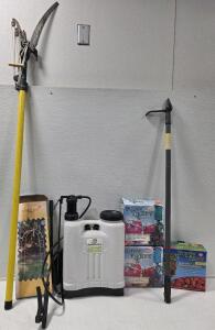 (1) Greenwood 4 Gallon Backpack Sprayer (2) Topsy Turvy Tomato Planters (1) Topsy Turvy Strawberry Planter (1) Pruning Pole (1) Weed Puller (1) White Garden Arch