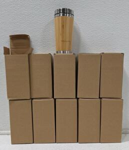 (10) Insulated Travel Mug, Bamboo and Stainless Steel, Screw-On Lid