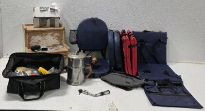 (1) Locking Hitch Pin w/keys (2) Vintage Padded Folding Stadium Seats (2) Folding Padded Stadium Seats with Storage (1) Vintage LIFETIME Regal 10 Cup Drip-O-Lator Coffee Pot, Stainless Steel (1) ReliOn Finger Pulse Oxymeter *tested* (1) Abu Garcia Black 3