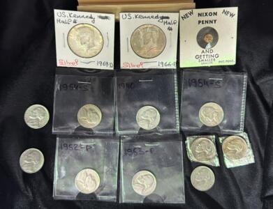(2) Kennedy Half Dollars (8) Silver Nickels & more