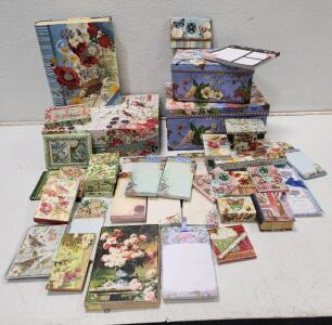 (1) Punch Studio Vintage Floral Decorative Keepsake Box W/ Paper Plates And Napkins (1) Punch Studio Vintage Floral Decorative Journal Box (2) Punch Studio Vintage Floral Decorative Keepsake Storage Box And Assorted Punch Studio Notepads