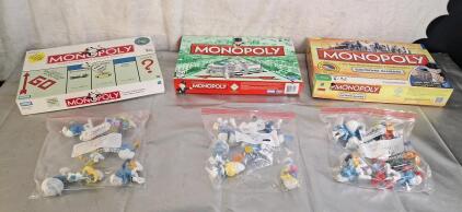 (3) Monopoly Board Game Sets & Assorted McDonald's Smurf Happy Meal Toys