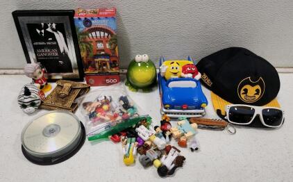 (1) M&M's Galerie Ceramic Blue Car Candy Dish (1) Bendy and the Ink Machine Snapback Hat (1) Ceramic Frog Piggy Bank And More