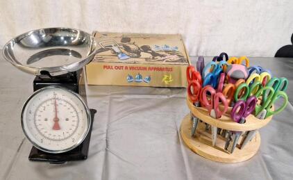 (1) 5LB Kitchen Scale, (20) Craft Scissors W/ Wooden Carousel & (1) 24-Piece Chinese Cupping Set