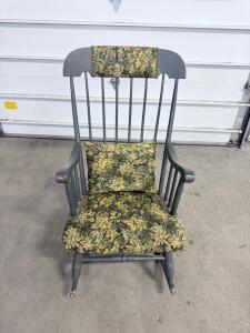 Floral Upholstered Wooden Rocking Chair, Gray Finish, Padded Cushions