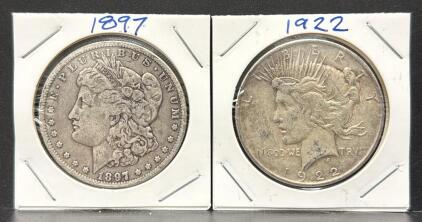 1897 Morgan & 1922 Peace Silver Dollars, US Coins