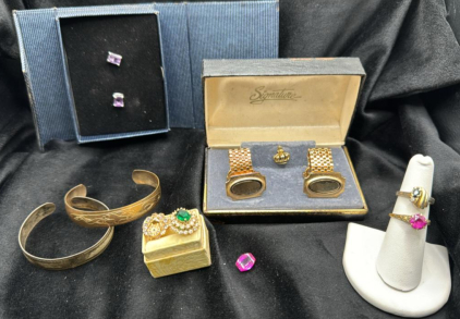 (2) Stamped 925 Silver Earrings W/ Purple Stones , (1) Stamped 12k TGF Bracelet (1) Sterling Silver Bracelet, (1) Set Gold Tone CuffLinks & Tie Pin (2) Rings w/ Gems Stones & More ..