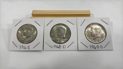 (3) U.S. KENNEDY HALF DOLLARS- 1965,1968-D,1969-D