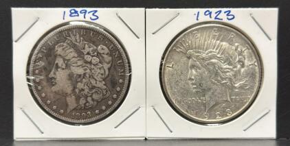 1893 Morgan Dollar & 1923 Peace Dollar, United States Mint, 90% Silver
