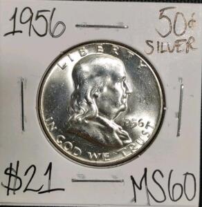 1956 MS60 Silver Mint State Franklin Half Dollar