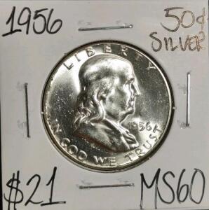 1956 MS60 Silver Mint State Franklin Half Dollar