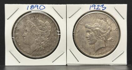 1923 Peace Dollar and 1890 Morgan Dollar, United States Mint