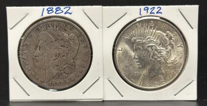 1882 Morgan & 1922 Peace Silver Dollar Coins, US Mint