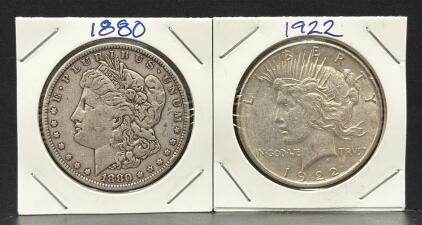 1880 Morgan Dollar & 1922 Peace Dollar Silver Coins