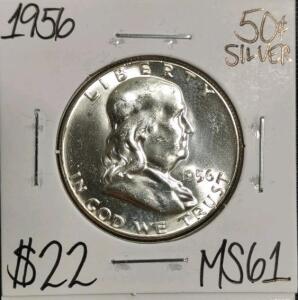 1956 MS61 Silver Mint State Franklin Half Dollar
