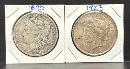 1890 Morgan Dollar & 1923 Peace Dollar, 90% Silver, Liberty, E PLURIBUS UNUM