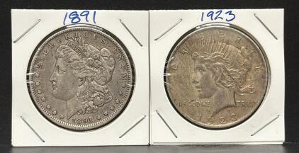 1891 Morgan Dollar & 1923 Peace Dollar, U.S. Mint, Silver Coins