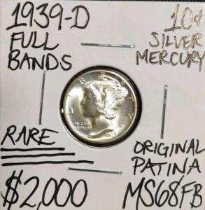 1939-D MS68FB Rare Full Bands Mercury Dime