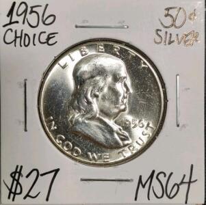 1956 MS64 Choice Silver Franklin Half Dollar
