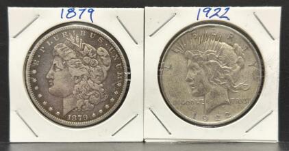 1879 Morgan Dollar & 1922 Peace Dollar, U.S. Mint, Silver Coins
