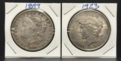 1923 Peace Dollar & 1899 Morgan Dollar, 90% Silver, 1.5 in Diameter
