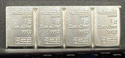 (4) Valcambi Suisse Silver Bullion Bars, 1g Each, 999.0 Purity, Fine Silver