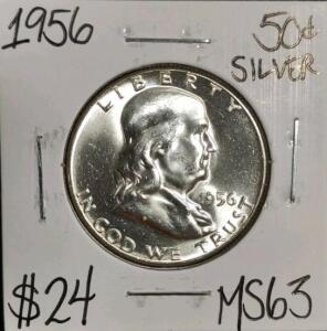 1956 MS63 Silver Mint State Franklin Half Dollar