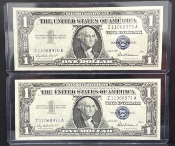 (Crisp) 1957 One Dollar Silver Certificate Pair W/ Consecutive Serial Numbers Z11068970A & Z11068971A (Great Condition)