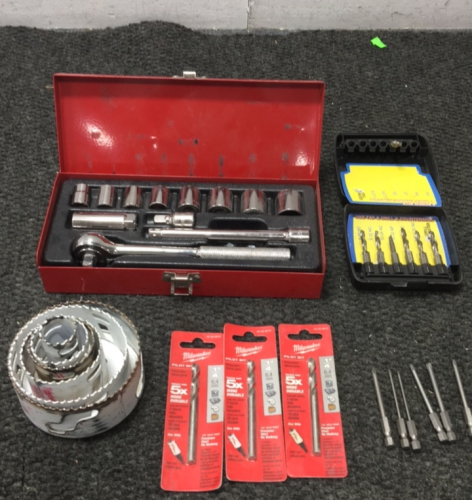 (1) Klein Tools SAE Rachet Set (3) Milwaukee Pilot Bits (6) Milwaukee Hole saws (6) Phillips Head Bits (1) Drill Master Bits