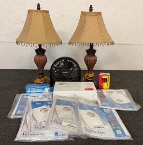 (2) Vintage Nightstand Lamps, (1) Side Table Fan, (1) Box Of Liquid Paper, And So Much!!