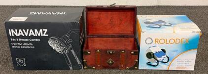 (1) Rolodex Rotary Card File, (1) Inavamz 2-In-1 Shower Combo, (1) Mini Chest