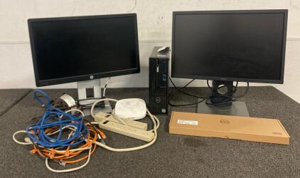 Dell OptiPlex desktop Computer System With Monitor And Keyboard, HP EliteDisplay E232 23-Inch Monitor, (2) Powerstrips, (1) Extension Cord And LAN Cables (All Work)