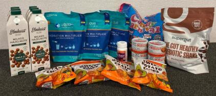 (3) Bags Of Liquid IV Electrolyte Drink Mix, Milked Hazelnuts, Supergut Prebiotic Shake, Candy Carnival Bag, Sweet Potato Chips, Canned Kimchi, And More