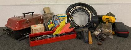 Propane Grill, Toolbox With Miscellaneous Tools, Ratchet Straps, Battery Powered Irrigation Controller, Drain Pipe Auger And More