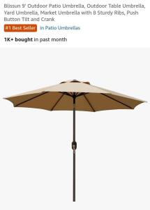 Blissun 9' Outdoor Patio Umbrella, With 8 Sturdy Ribs, Push Button Tilt and Crank [Umbrella Only New In Box