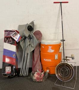 Igloo 5-Gal Drink Cooler, Jak-Rack, (2) Lawn Chairs, Propane Heater Attachment, Bow And Arrow Stand And More