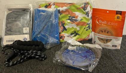 Pet Goods Including Large Dog Rain Coat, Duo Dog Leash, Slow Feeder Bowl, Treats & (2) Dog Cone Collars