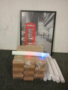 (60) 18.5 inch Foam Glow Sticks Bulk, 4 Color LED Light Foam Sticks, (144) 3 3/4" Cardboard Tubes, 18" x 24" Poster Frame
