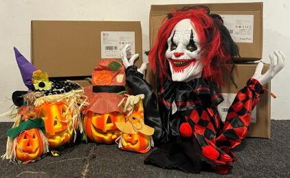 (3) Sets Of 4 Halloween Light Up Pumpkin Decorations & (1) Light Up Sound Activated Creepy Clown Animatronic