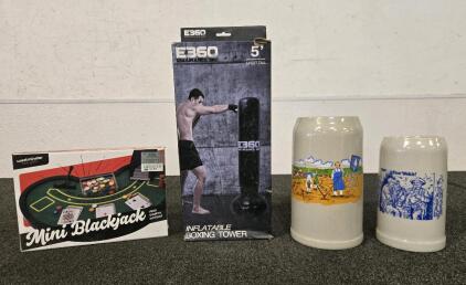 (2) Vintage Mugs, Inflatable Boxing Tower, Mini Blackjack