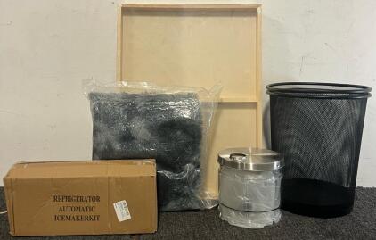 Fuzzy Grey Rug (2.6&rsquo;x4&rsquo;), (2) Waste Bins, Replacement Ice Maker For Samsung Refrigerator, (2) Wooden Painting Panels & More