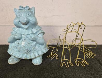 Large Vintage Ceramic Blue Piggy Bank & Decorative Wire Frog