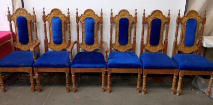 (6) Set of Antique Gothic Revival Cathedral Dining Room Chairs Upholstered in Blue Velvet. 46"x22"x20"