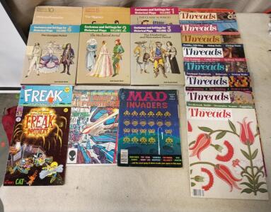 (2) Freak Brothers Comic Books, New In Package Transformers Comic Book, Mad Invaders Magazine, (6) Costumes and Settings for Historical Plays Books, (8) Threads Magazines