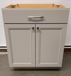 Hampton Bay Designer Series Melvern Assembled Shaker Base Cabinet in Heron Gray Finish. 35"Hx29.5"Wx24.5"D