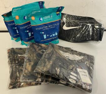 (3) Mooselander Camo T Shirts (L), Nike Strength Training Belt (L) & (3) Pcs Of Liquid IV Electrolyte Drink Mix