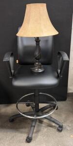 (1) Nightstand Lamp And (1) Boss Office LeatherPlus Drafting Stool With Loop Arms